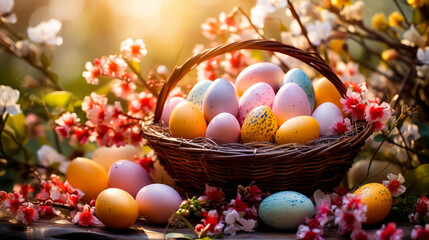 Fototapeta na wymiar Colorful easter eggs in a basket with spring blossom background. Greeting card on an Easter theme. Happy Easter concept.