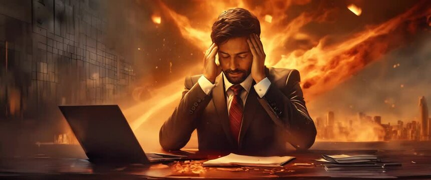 Exhausted young businessman holding his head with hands due to headache and stress. Overworked worker feels strain. Concept of excessive load on the brain. Fatigue and panic attack, computer syndrome