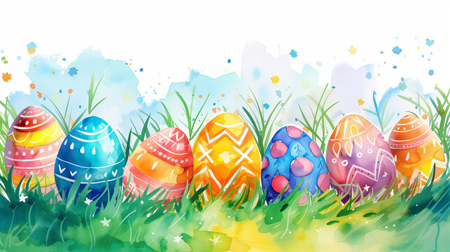 Happy Easter banner with colorful Easter eggs in green grass as a watercolor illustration, with copy space for your text