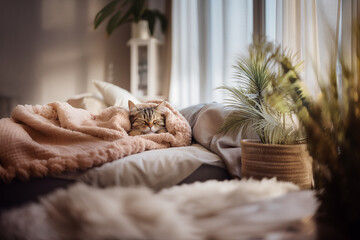 Cat is sleeping under crumpled soft duvet. Comfortable sleep in modern bedroom with houseplants. Fluffy pet has a nap on couch. Tranquil scene with domestic animal.  - 728850308