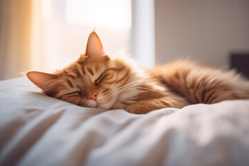 Close up portrait of ginger cat is sleeping on couch. Comfortable sleep in bedroom. Cute pet has a nap at cozy home. Tranquil scene with domestic animal.  - 728850322