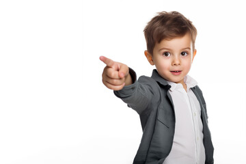 Cute 5 years old boy points somewhere with his finger. Portrait of surprised european child isolated on white background with copy space. - 728850326