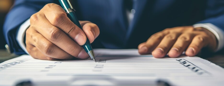 Businessman Writing on Paper in Suit