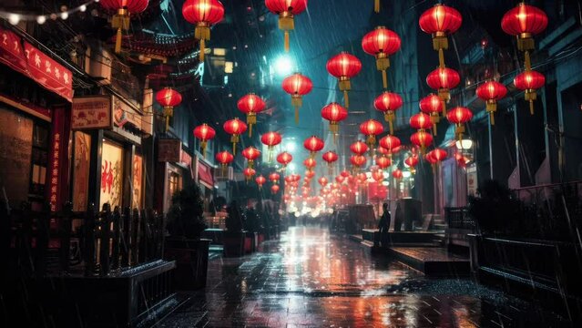 Chinese New Year. Chinese lanterns illuminate the streets.seamless looping time-lapse virtual video animation background