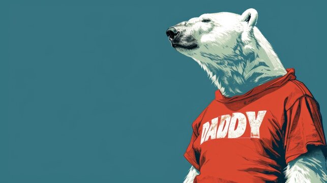 A polar bear wearing a t - shirt with the word daddy on it