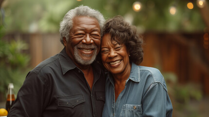 Laughter and Love: African American Senior Couple Sharing a Joyful Moment Outdoors - Powered by Adobe