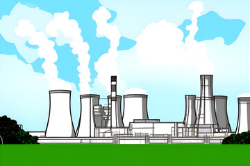 Nuclear power station plant with cooling towers releasing smoke steam for fission power electric energy production generation for urban industrial concept backdrop pop cartoon style - obrazy, fototapety, plakaty