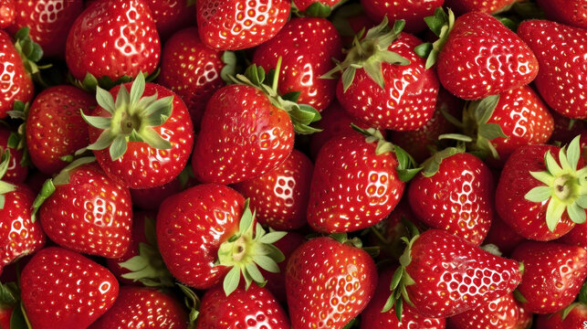  a close up of a bunch of strawberries with green leaves on the top and bottom of the strawberries on the bottom of the top of the picture, and bottom half of the strawberries.