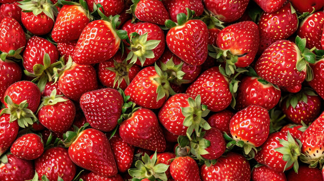  a close up of a bunch of strawberries with green leaves on the top and bottom of the strawberries on the bottom of the bottom of the picture, and bottom half of the strawberries.