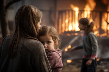 In heart wrenching scene, young child finds solace in arms of adult as fire consumes their surroundings, highlighting poignant contrast between innocence of embrace and the devastation of disaster - obrazy, fototapety, plakaty