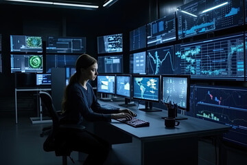 Midnight Vigil of the Cybersecurity Specialist in a High-Tech Control Room