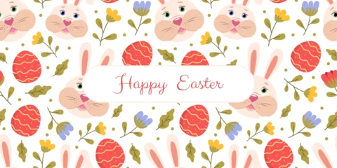 Foto op Canvas Vector Easter greeting card with cute bunnies, Easter eggs and flowers © Alina Lisnycha