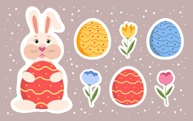  Vector Easter stickers with bunny and eggs, Easter collection of elements