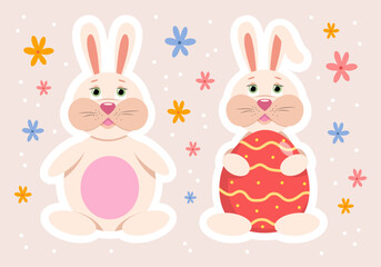 Vector Easter sticker design with cute bunnies and flowers