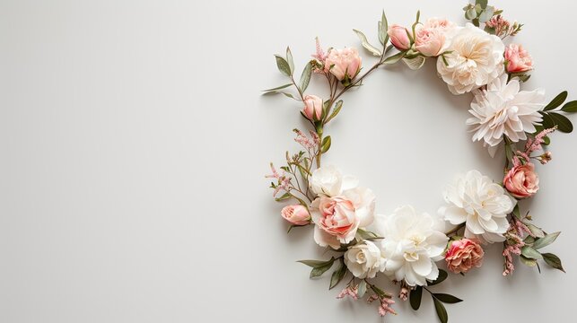 a floral wreath delicately arranged on a light background, with ample free space for text, perfect for wedding invitations, greeting cards, or announcements, exuding beauty and sophistication.