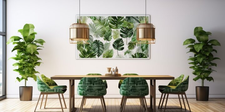 Modern dining room with mock up poster map, shared table chairs, gold pendant lamp, coffee cups, white walls, wooden parquet, tropical leafs, eclectic decor.