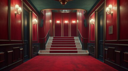 Luxury elegant interior of a palace, hotel, theatre, hallway, red and green tonality