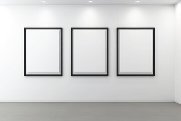 A mockup of a several blank picture frames on the wall in a contemporary style gallery.