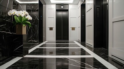 a bright basement elevator room reminiscent, featuring black and white marble flooring, white walls, and top surfaces with integrated storage space, exuding sophistication and modern luxury. - obrazy, fototapety, plakaty