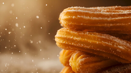 Sugared churros with warm light background. Churros stack commercial banner, copy space. Golden churros sprinkled with sugar. Crispy sweet churros, traditional Spanish sweets. Cinqo de mayo food