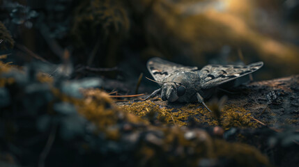  a close up of a moth sitting on a mossy surface in a forest with sunlight coming through the leaves and the ground behind it is covered in licheny moss.