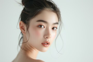 portfolio shot of 20 years old korean female model with perfect skin, sleek hair bun, no makeup, relaxed face, open forehead, isolated on the white background. generative AI