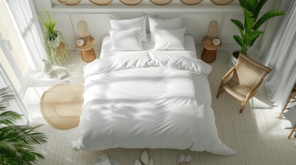 blank white duvet cover in a coastal-style bedroom setting, captured from a top view perspective, bright colors to evoke a sense of airy relaxation and seaside tranquility.