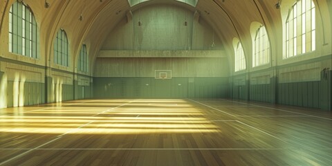 Empty old vintage gymnasium, light rays - obrazy, fototapety, plakaty