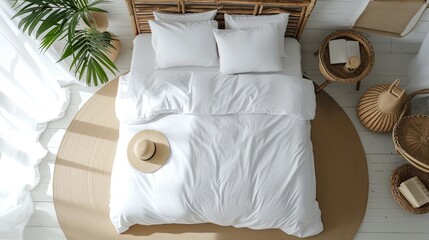 blank white duvet cover in a coastal-style bedroom setting, captured from a top view perspective, bright colors to evoke a sense of airy relaxation and seaside tranquility.
