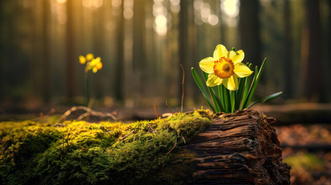  a group of yellow daffodils sitting on top of a moss covered log in the middle of a forest with sun shining through the trees in the background.