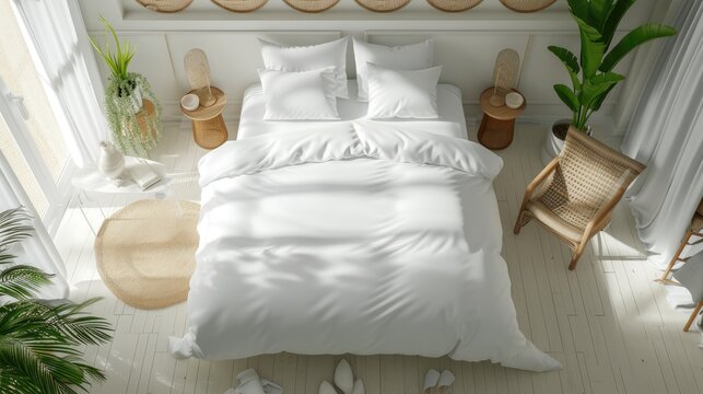 blank white duvet cover in a coastal-style bedroom setting, captured from a top view perspective, bright colors to evoke a sense of airy relaxation and seaside tranquility.