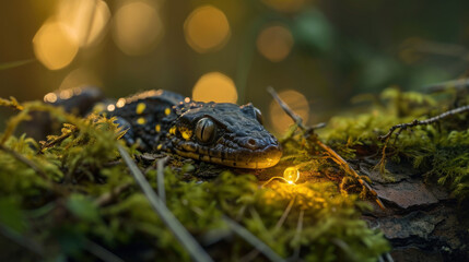  a close up of a frog laying on a moss covered ground with a light shining on it's head and eyes, with a blurry background of boke of leaves and boke of light.