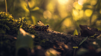  a close up of a bug on a log in a forest with the sun shining through the leaves of the trees and the grass on the ground is a mossy surface.