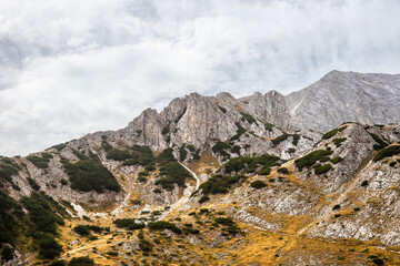 Fototapeta premium Mt. Vihren rib, view from the trekking route from Banderitsa hut to Kazana shelter. Summer mountain landscape in Pirin national park, Bulgaria.