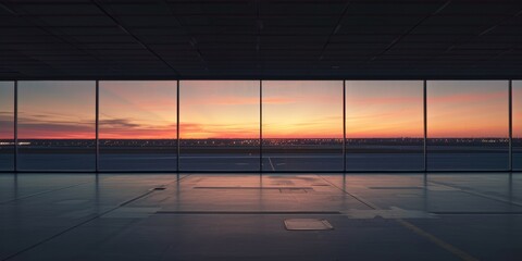 Empty airport terminal overlooking tarmac at sunset