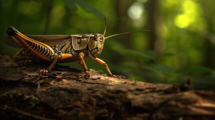  a close up of a grasshopper insect on a log in a forest with lots of trees in the back ground and green leaves on the top of the ground. - obrazy, fototapety, plakaty