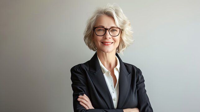 a mature female lawyer in joyful professional portraits, presented in a realistic style against a light background, conveying a sense of competence and approachability in her legal practice.