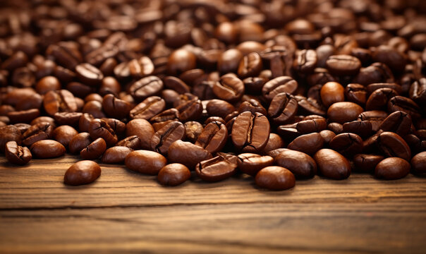 Coffee beans on wooden background. Close-up image.