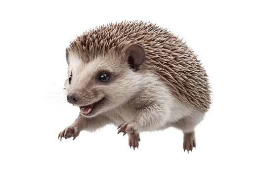 funny hedgehog animal in full body jumping through the picture isolated against transparent background