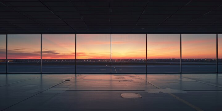 Empty airport terminal overlooking tarmac at sunset