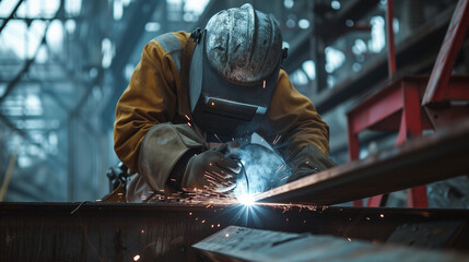 A skilled welder meticulously joins beams together