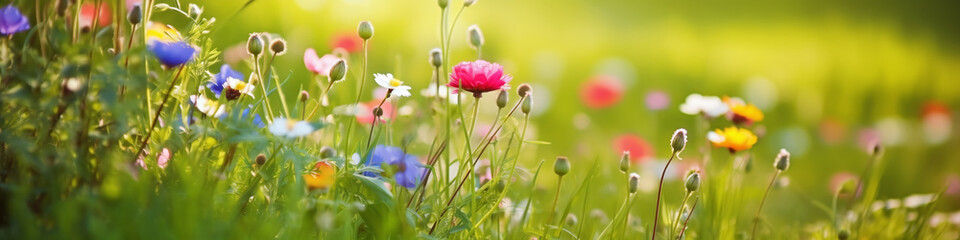 Fototapeta premium Simple natural wildflower meadow with, among other things, pink cosmea and white chamomile