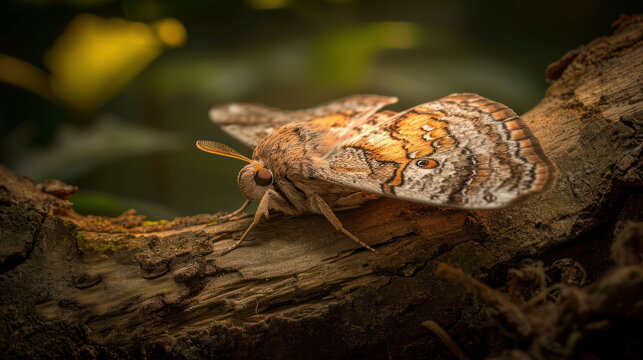  a close up of a moth on a tree branch with a blurry back ground in the background and a blurry back ground in the foreground of the image.