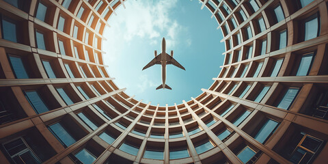Bottom view multi-story car park building with plane flying above building
