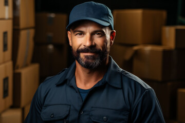 A man wearing a blue work uniform and matching cap is smiling in a storage facility, symbolizing approachable professionalism in logistics or manufacturing.