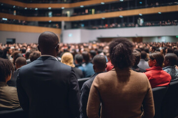 A diverse audience is seated, facing the stage in a modern auditorium with a high ceiling, suitable for depicting events like conferences or corporate announcements. - obrazy, fototapety, plakaty