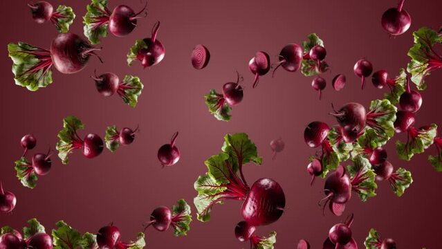 Healthy Fresh Beetroot Falling Background. Slow Motion Of Fresh Beets Falling Vegetable Eating Concept, Slow Motion Of Fresh Lots Of Beets Falling. 4k High Resolution Beetroot Benefit For Health 