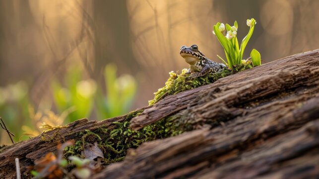  a frog sitting on top of a moss covered log in the middle of a forest with a plant growing out of it's side of the top of the log.