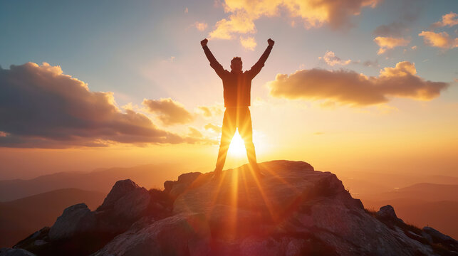 Businessman celebrating success on mountain top