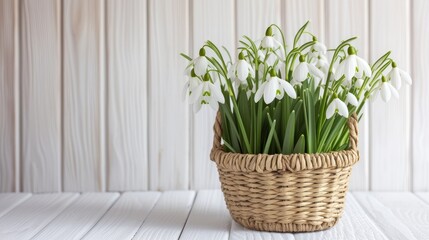 snowdrops delicately arranged in a straw basket, set against a minimalist modern style white wooden background, rendered in ultra-realistic detail to evoke a sense of natural beauty and simplicity.